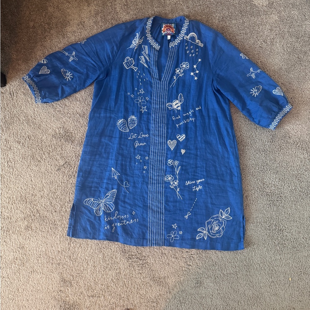 Johnny Was Blue Linen Embroidered Mini Dress